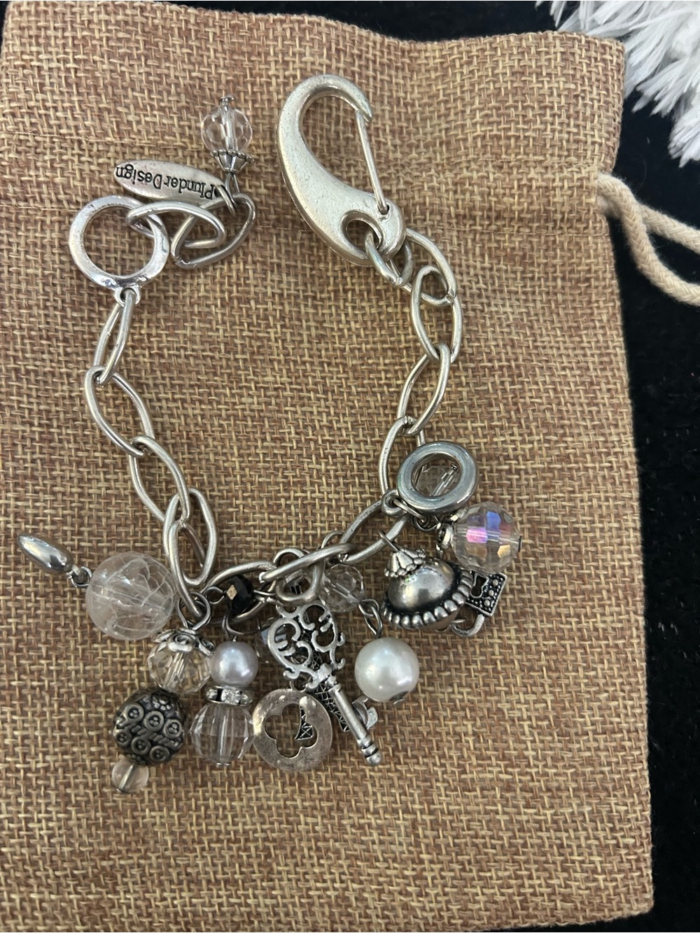 Plunder Designs Silver-Tone Charm Bracelet with Clear & Pearl Accents